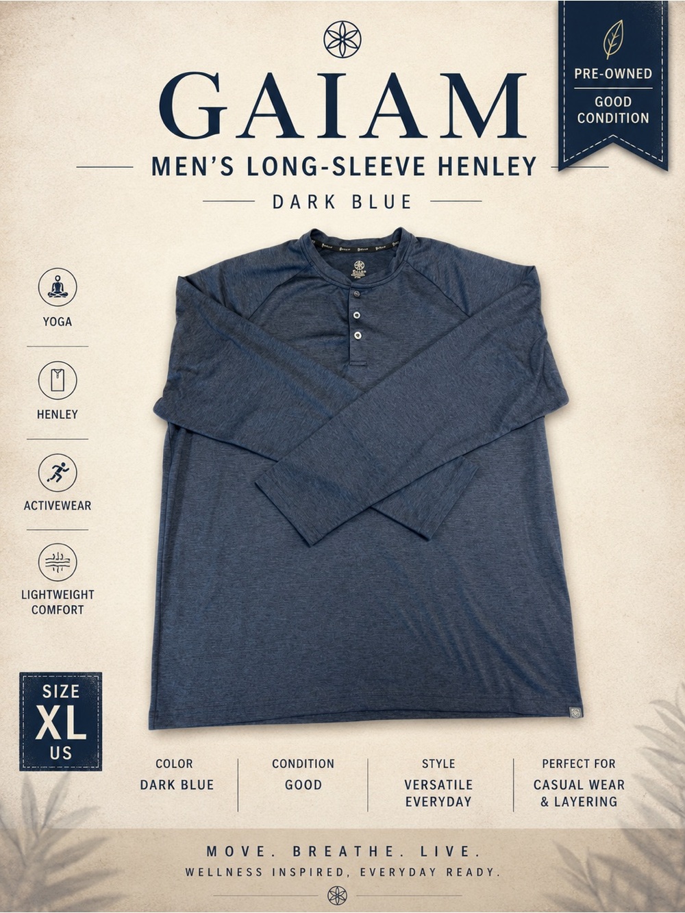 GAIAM Men's Long-Sleeve Henley - Dark Blue